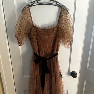 Lulus Curated Crush Tan Tulle Ruched Swiss Dot Puff Sleeve Midi